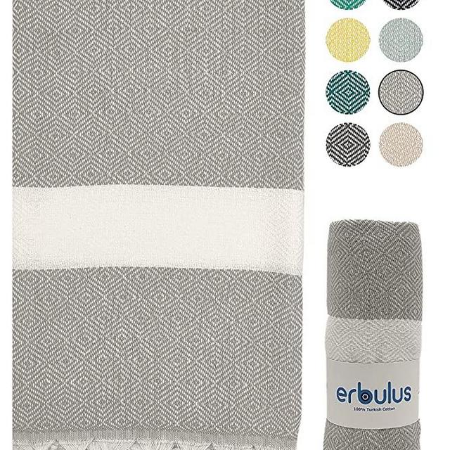 Erbulus Turkish Beach Towel (39" x 71") - 100% Cotton - Certified Free of Harmful Chemicals - Absorbent and Quick Dry - Yoga Blanket - Peshtemal Turkish Bath Towel for SPA, Pool, Gym (Grey)