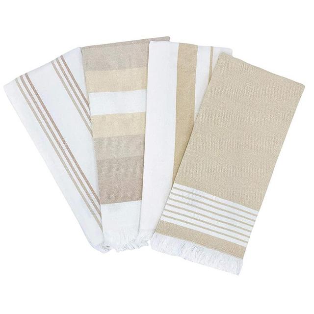 The Accented Co. Kitchen Towels, Set of 4 - Thick, Absorbent, Fast Drying Tea Towels - Turkish Cotton with Hanging Loop (28x18 inches)(Beige Tan Brown)