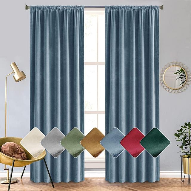 Vangao Velvet Blackout Curtains 84 Inches Long for Bedroom Living Room Blue Super Soft Thermal Insulated Rod Pocket Window Drapes 2 Panels