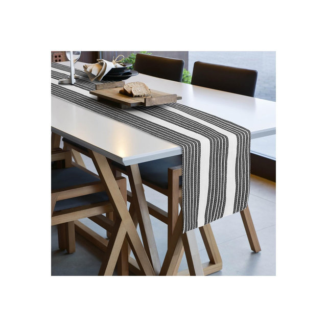 PiccoCasa Cotton Stripe for Family Dinners Party Table Runner Cloth Black and White 14"x72" 1 Pc