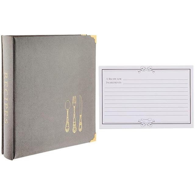 C.R. Gibson Gray Leatherette Lined Recipe Notebook, 11'' x 12'' & Black and White 'Gourmet' Blank Recipe Cards, 40pc, 4'' W x 6'' L