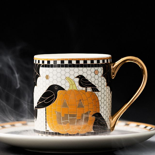 Bistro Tile Stoneware 24k Gold Accent Halloween Espresso Cup