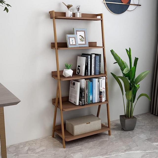 Fazda Era 5 Shelf Bookcase Steel Frame Etagere Bookshelf Ladder Shelves for Living Room Bedroom Office, Brown
