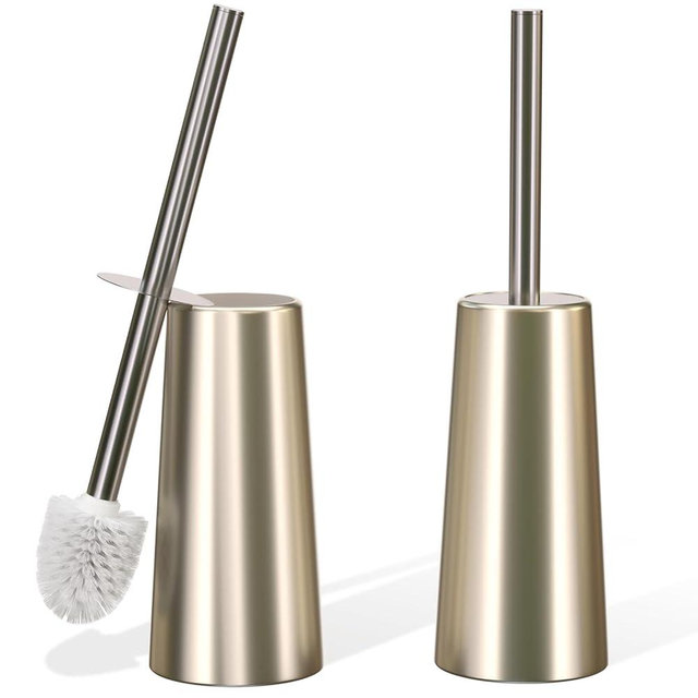 Retyion 2 Pack Toilet Brush and Holder-with 304 Stainless Steel Long Handle-Toilet Bowl Brush for Bathroom (Champagne Gold)