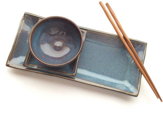 Sushi Serving Set -Twilight blue Ceramic Sushi Dinnerware Set - Sushi Set Plate and Sushi Bowls