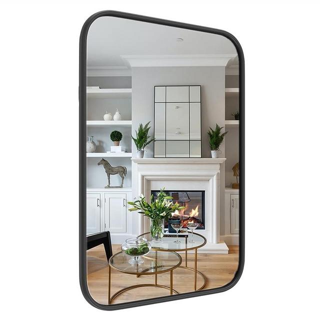 20"*28"Black Bathroom Mirror,Vanity Mirror,Wall Mirror,Rectangle Mirror, Black Frame Mirror,Arched Mirror for Bedroom, Entryway, Living Room,Brush Rounded Corner Mirror