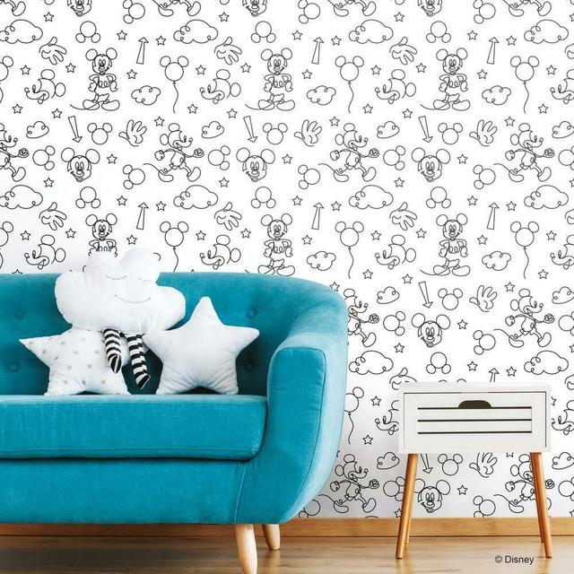 RoomMates RMK11775RL Black and White Disney Mickey Mouse Line Art Peel and Stick Wallpaper