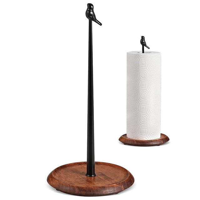 Wooden Paper Towel Holder countertop, Stylish Bird Shaped,Solid Wood Base&Iron Top, with Non-Slip Mat, Stable&Durable,Paper Towel Holder Farmhouse Style to Elevate Your Kitchen's Décor (Black)