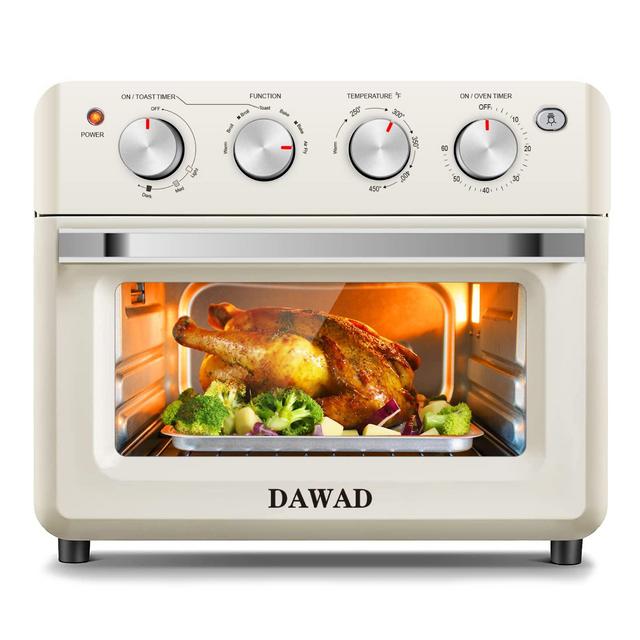 DAWAD Air Fryer Toaster Oven, Compact Small Convection Oven Countertop For Fries, Chicken, Pizza, Cake, Bread, Muffin, Steak, 19QT With 4 Accessories, 33 Original Recipes, 1550W, Cream White