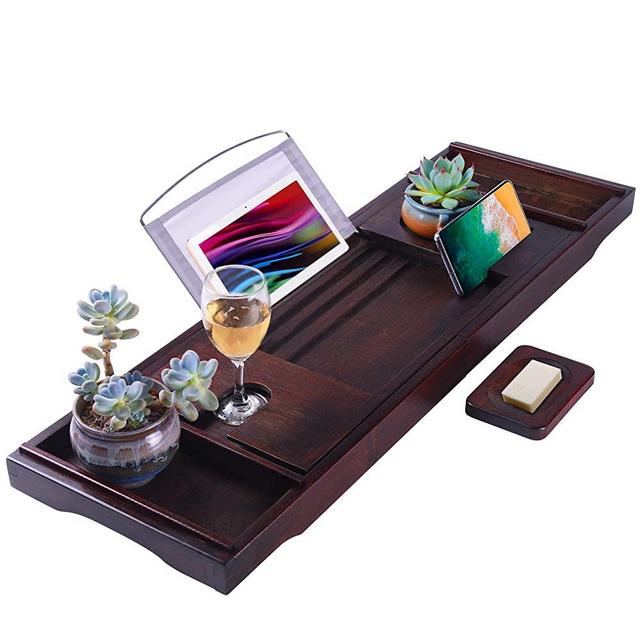 Trotinic Bathtub Tray,Luxury Bath Caddy Tray for tub with Nonslip Bottom & Extendable Sides for one or Two Person Bath and Bed,Bonus Free Soap Holder (Vintage Black)