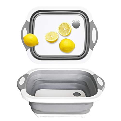 Multifunctional Collapsible Dish Tub, Cutting Board, Drying Rack, Washing Bowl, Strainer with Integrated Draining Plug, Space Saving 3 in 1 Multipurpose Portable Kitchen Gadget