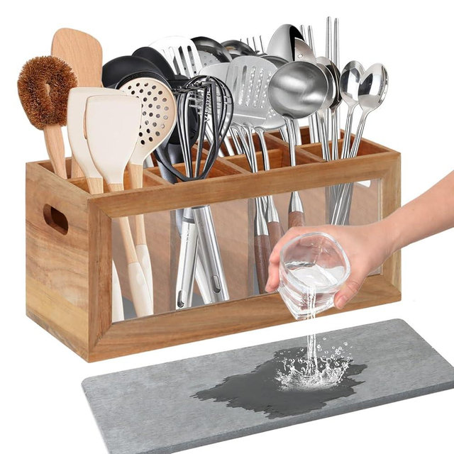 Rectangular Kitchen Utensil Holder for Countertop, Extra Large Kitchen Utensils Holder with 8 Compartments and Absorbing Drying Stone, Acacia Wood Silverware Caddy Organizer for Farmhouse Decor