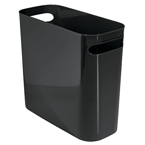 mDesign Slim Plastic Rectangular Small Trash Can Wastebasket, Garbage Container Bin with Handles for Bathroom, Kitchen, Home Office, Dorm, Kids Room - 10" High, Shatter-Resistant - Black