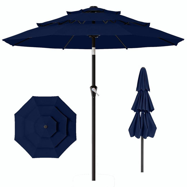 AreShark 9ft 3-Tier Patio Umbrellas, Outdoor Umbrella with 8 Sturdy Ribs UV Protection Windproof, Market Table Umbrella w/Push Button Tilt & Crank for Pool, Porch, Deck, Garden(Navy)