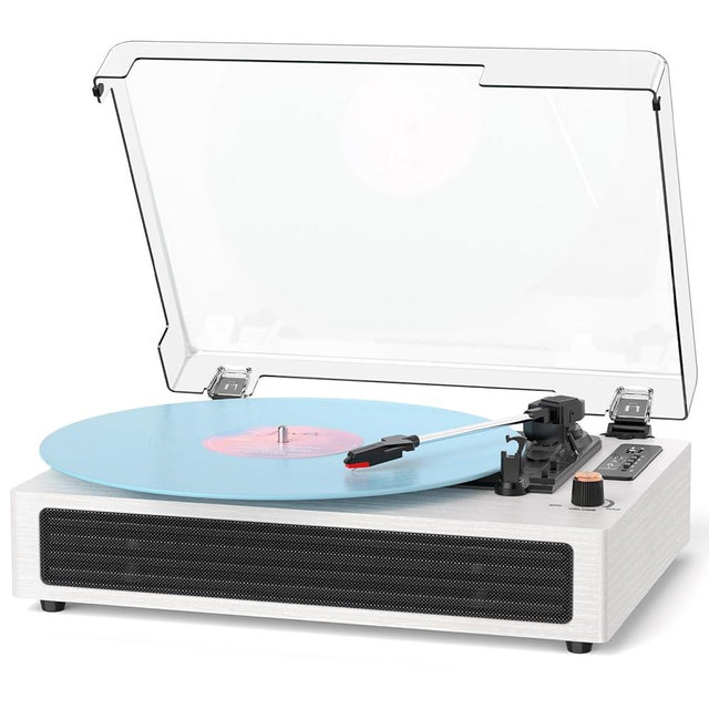 Bluetooth Turntable Vinyl Record Player, Retro 3-Speed Record Player with Built-in Speakers,USB Recording, AUX in Auto Stop, Belt-Drive LP Player White