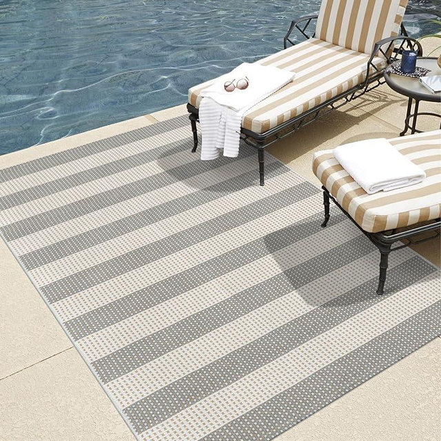 LEEVAN Outdoor Patio Rug 3x5, Washable Striped Front Porch Mat, Spring Colorful Outside Entryway Rug, Woven Welcome Doormat Grey and White Buffalo Backyard Layered Mat for Entrance/Go Away/Deck