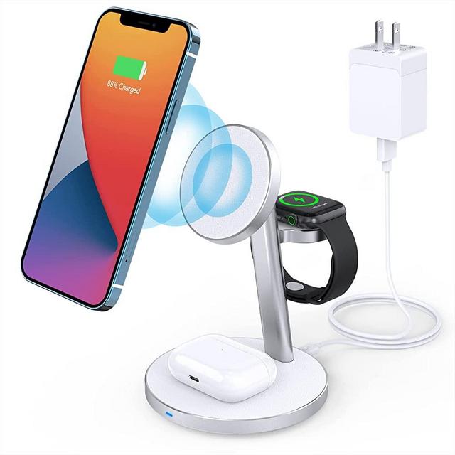 3-in-1 Magnetic Wireless Charger Stand, Aluminum Alloy Mag-Safe Charging Station for iPhone 13/12, 13/12 Pro, 13/12 Pro Max, 13/12 Mini, AirPods 2/Pro/3, iWatch 7/6/ SE/5/4/ 3/2 (with QC 3.0 Adapter)