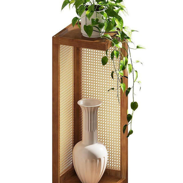 Hongsane Plant Stand Indoor, 2-Tier Rattan Boho Flower Stands for Home, 26 Inch Tall Natural Wood Corner Plant Shelf, Mid Century Decorative Display Shelves for Living Room,Bedroom,Office,Walnut