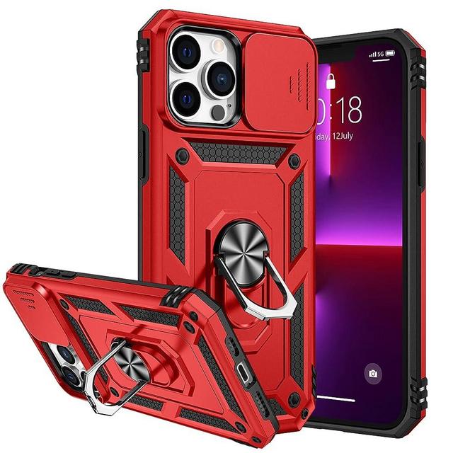 Goton Armor Case for iPhone 13 Pro Max - Military Grade Shockproof Stand, Slide Camera Cover, Kickstand & Magnetic Car Mount - Red