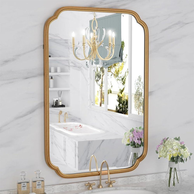 Ferytange Gold Bathroom Mirror for Wall 20" x 30" Modern Rounded Corner Rectangle Mirror with Non-Rusting Iron Metal Framed Bathroom Vanity Mirror for Over Sink Wall Decor(Horizontal/Vertical)