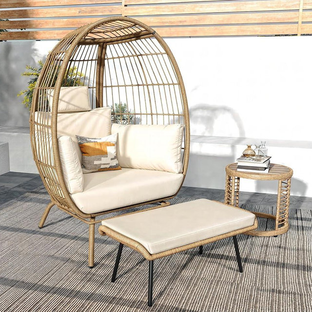 YITAHOME Accent Living Room Egg Chair w/Ottoman, Wicker Oversized Basket Chair with 5 Thick Cushions, Footrest, Comfy Recliner Lazy Chair for Indoor, Bedroom, Reading Room, Lounge (Beige)