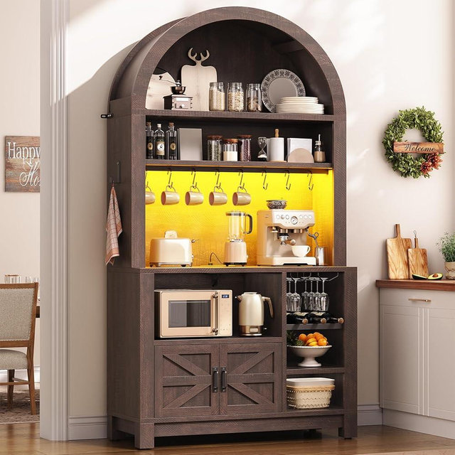 Itaar 73" Tall Arched Bakers Rack with Power Outlet and LED Light, Farmhouse Coffee Bar Cabinet, Kitchen Microwave Stand with Storage for Kitchen, Dining Room, Living Room, Brown