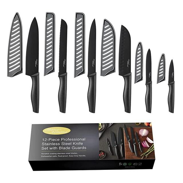 Marco Almond Kitchen Knife Set, Dishwasher Safe KYA38 12-Piece Kitchen Knives Set, 6 Kitchen Knives with 6 Blade Guards, Stainless Steel Kitchen Knives Set with Sheath, Black