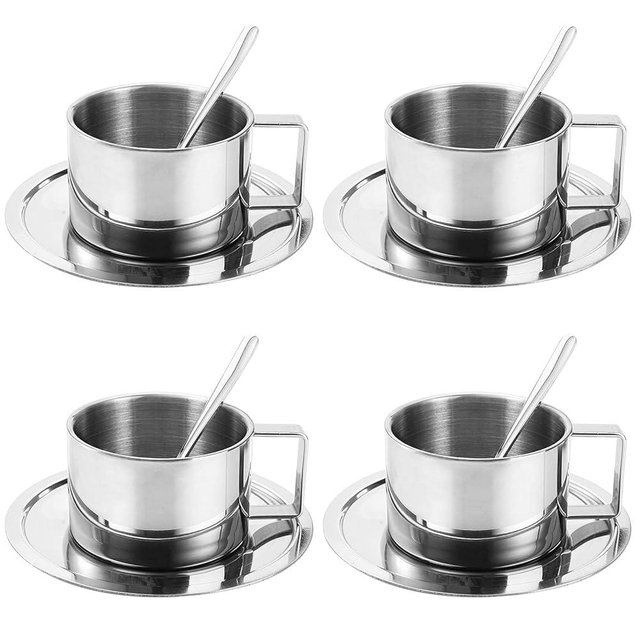 ZENFUN 4 Pack 6.8 oz Coffee Cups Set, Stainless Steel Espresso Cup with Saucer and Spoon, Double Walled Coffee Mugs Drinkware for Latte, Cappuccino, Milk, Tea