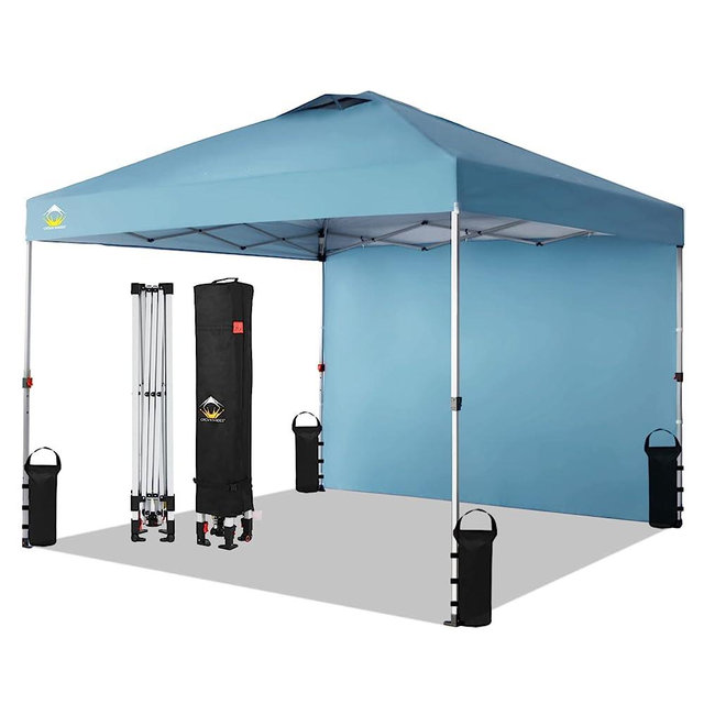 CROWN SHADES 10x10 Pop up Canopy Instant Commercial Canopy Including 1 Removable Sidewall, 4 Ropes, 8 Stakes, 4 Weight Bags, STO 'N Go Bag, Cyan Blue