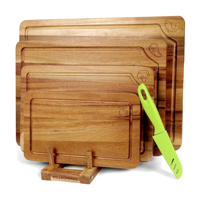 WILLKOMMEN Acacia Wood Cutting Boards for Kitchen, 4-Piece Chopping Board Set with Food Icon (Meat, Fish, Vegetables, Fruits) Wooden Butcher Block with Stands, Handles & Juice Groove (S,M,L,XL)