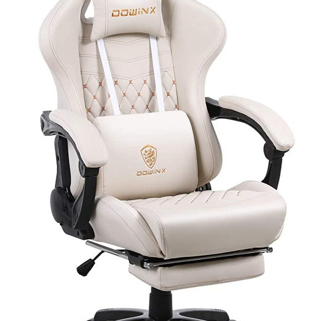Dowinx Gaming Chair Office Desk Chair with Massage Lumbar Support, Vintage Style Armchair PU Leather E-Sports Gamer Chairs with Retractable Footrest (Ivory)