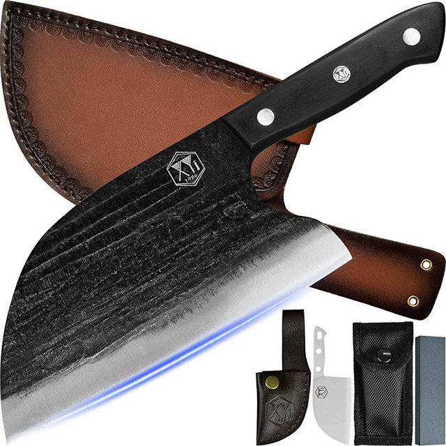 Full Tang, Serbian Chefs knife,Chef Meat Cleaver,Kitchen Knives,Set with Leather Sheath,Take Carrying,Butcher,for Camping or Outdoor (8 inch)