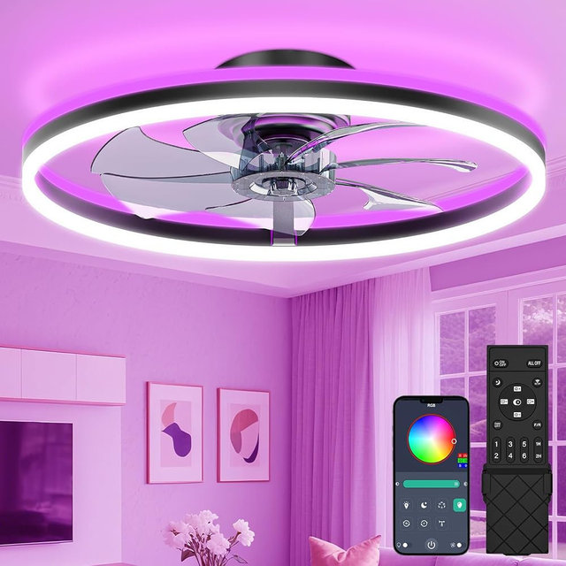 VOLISUN RGB Ceiling Fan with Lights and Remote, 23.6in Low Profile Ceiling Fan Flush Mount, 3000K-6500K Dimmable Fandelier LED Fan Light, Black Bladeless Ceilings Fans for Bedroom