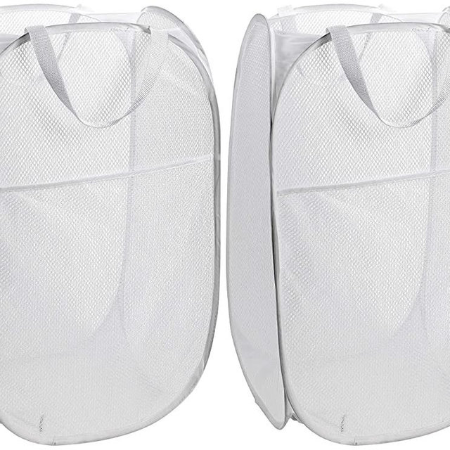 Handy Laundry Mesh Popup Hamper – 2-Pack Foldable Lightweight Basket for Washing – Durable Clothing Storage for Kids Room, Students College Dorm, Home, Travel & Camping – White Pop-up Clothes Hamper
