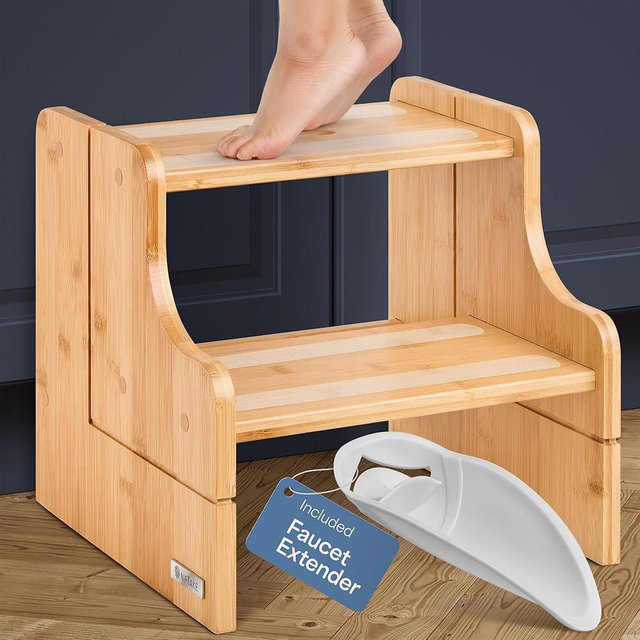 NIFTAKE Small Step Stool, 200lb Capacity - Sturdy, Safe and Durable, Toddler Step Stool for Toddlers, Bamboo Toddler Stool, Potty Training, Kitchen Wooden Stepping Stool - w/Faucet Extender (Natural)