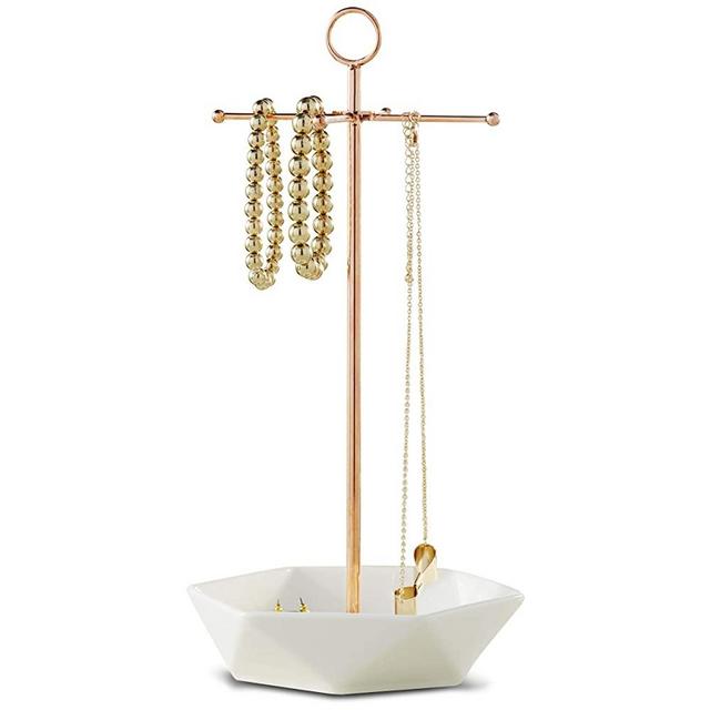 Laura Ashley Jewelry Stand Necklace Organizer and Earring Holder for Women, Polished Faux Rose Gold Metal Hanger Display Stand Tower with Hexagon Bowl Tray Dish, Stores Trinkets and Rings