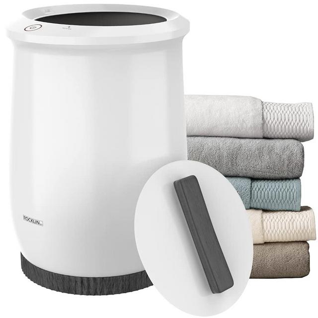 Rukala Rocklin Premium Home Towel Warmer - Hot Towels in 15 Minutes - Fits 3 Towels - White with Dark Gray Wood Grain Pattern Accents