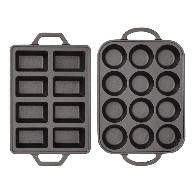 Flavehc Cast Iron Muffin Pans 12 Cup and Cast Iron Mini Loaf Pans 8 Cavity Regular Size Cupcake Pan Pre-Seasoned Loaf Pans Molds for Baking