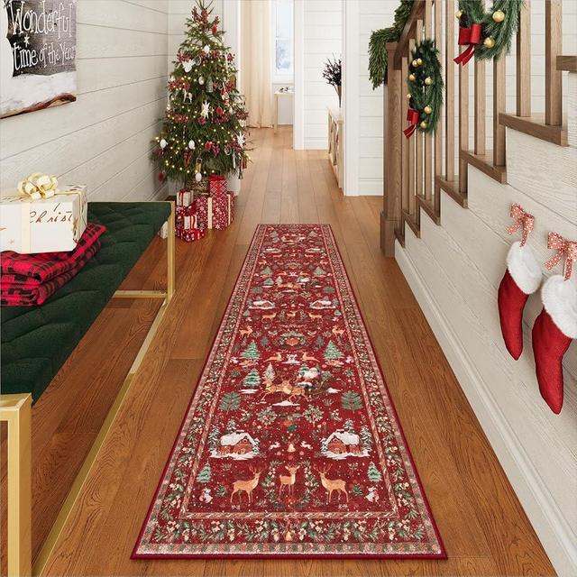 Lahome Christmas Runner Rug 2x10 Red Hallway Runner Rug,Kitchen Runner Rugs Non Skid Washable,Soft Christmas Tree Santa Claus Bathroom Carpet Runner for Entryway Bedside Holiday Decor(2'x10',Red)