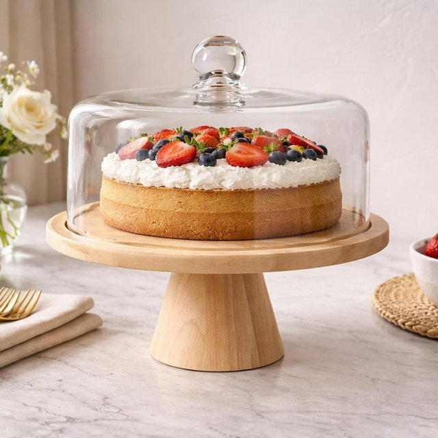 11.5” Wooden Cake Stand with Glass Cloche, Pedestal Dessert Stand for Cakes, Pastries & Cupcakes