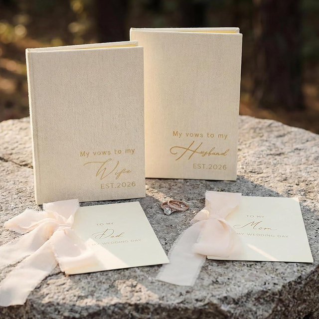 LITIVY Wedding Vow Books Set 2 Pack Hardcover Vow Books & 2 Wedding Day Cards for Parents Linen Cover with Gold Foil Lined Pages His and Hers Gifts Wedding Registry Must Haves (Beige-vow books only, EST.2026)