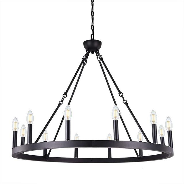 Wellmet 12-Light Black Wagon Wheel Chandelier Diam 38 inch, Farmhouse Industrial Country Style Large Round Pendant Light Fixture for Dining Room, Kitchen Island
