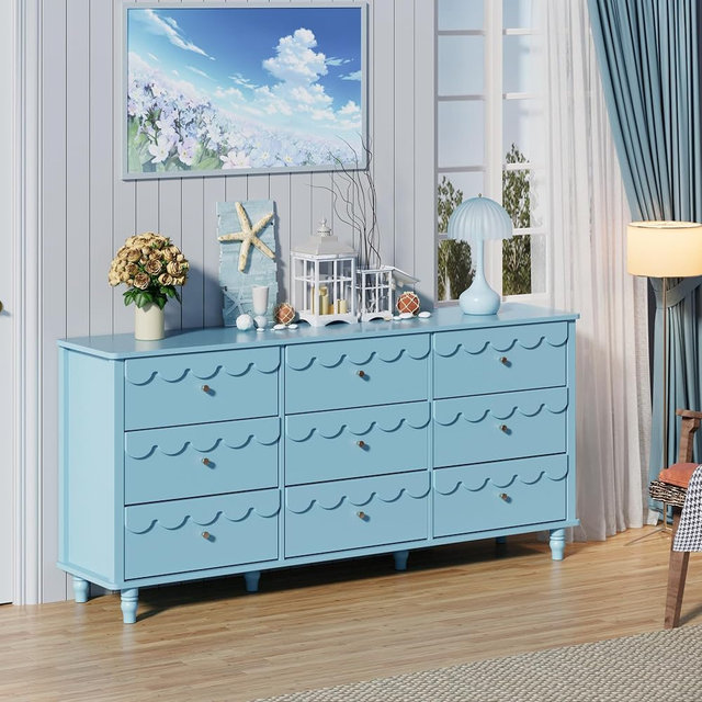 Anbuy Scalloped Dresser for Bedroom Blue 9 Drawer Dresser, Long Scalloped Chest of Drawers, Modern Wide Organizer Storage with Drawers, Fluted Petal Pattern Large Storage Cabinet, Living Room, Porch
