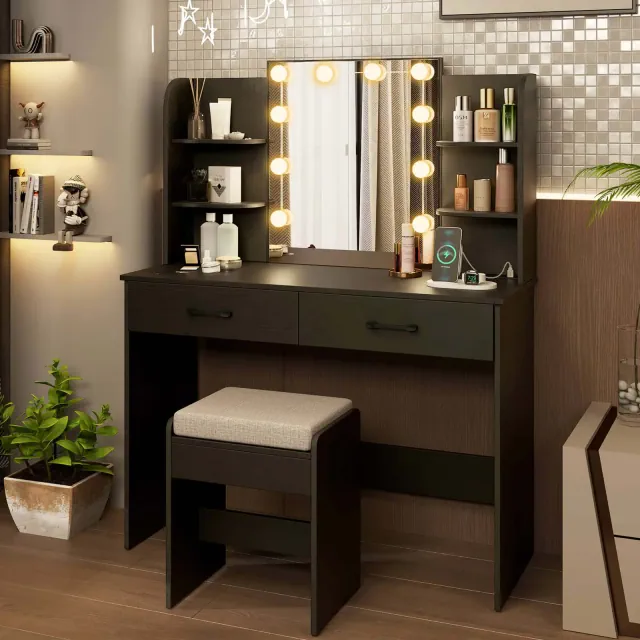 Costway Makeup Vanity Desk with Lighted Mirror Charging Station 3-Color Dimmable LED Lights Black