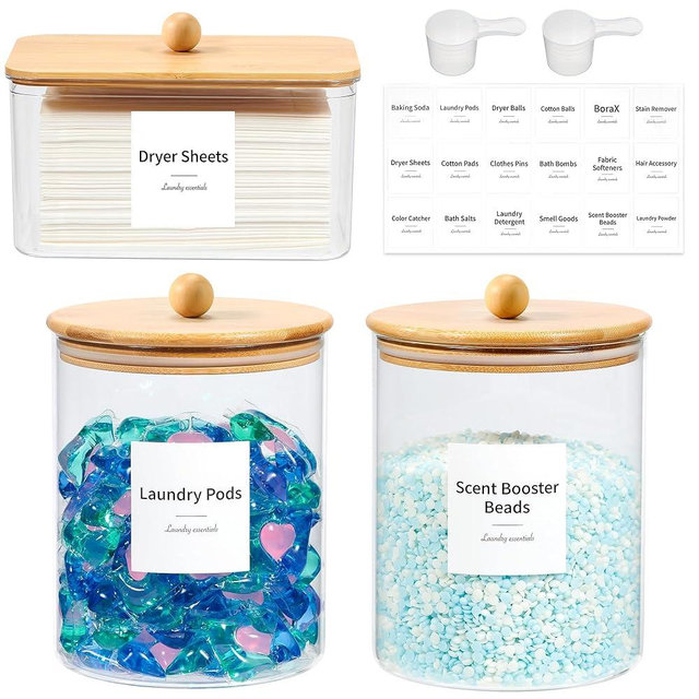 Glass Laundry Pods Container & Acrylic Dryer Sheet Holder with Bamboo Knobs Lids, Scoops & Labels | Premium Laundry Room Organization and Storage for Detergent Pods, Powder, Dryer Balls & Beads