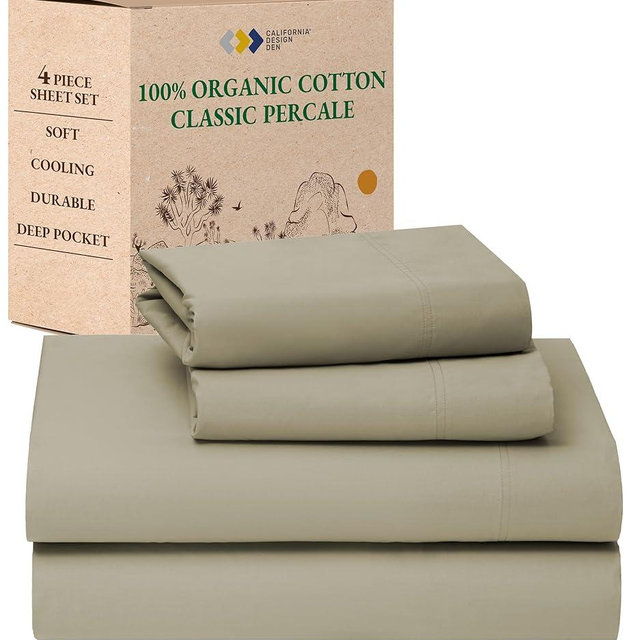 California Design Den California King Sheets Deep Pockets Set - Soft 100% Organic Cotton Percale Sheets, Breathable and Durable Bedding Set - Warm Taupe
