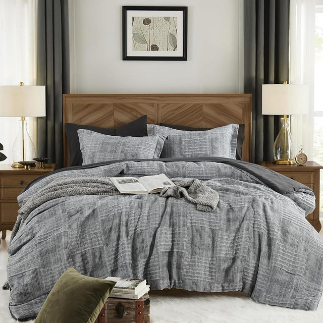 MaiRêve Charcoal Grey King Comforter Set, Textured Design Grey Crinkle Bed in A Bag King Size, King Comforter Set with 7 Pieces with Comforter, Sheets, Pillowcases & Shams 108"x 90"