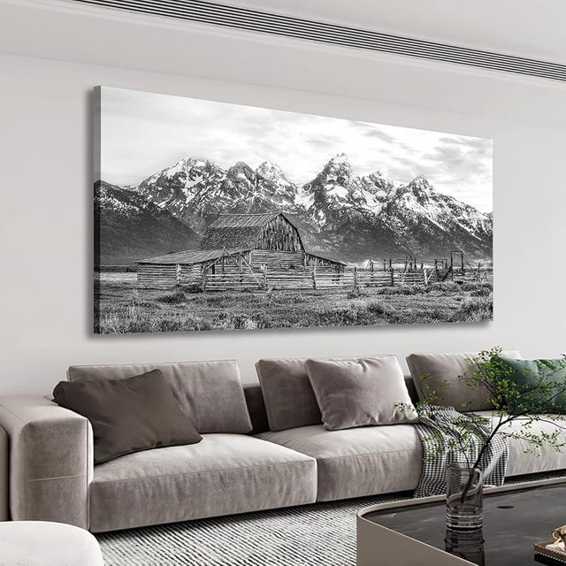 LUEAXRG Rustic Barn Wall Art for Living Room Bedroom Grand Teton National Park Black White Canvas Pictures Snow Mountain Grassland Nature Artwork Landscape Prints for Farmhouse Office Decor 20" X 40"