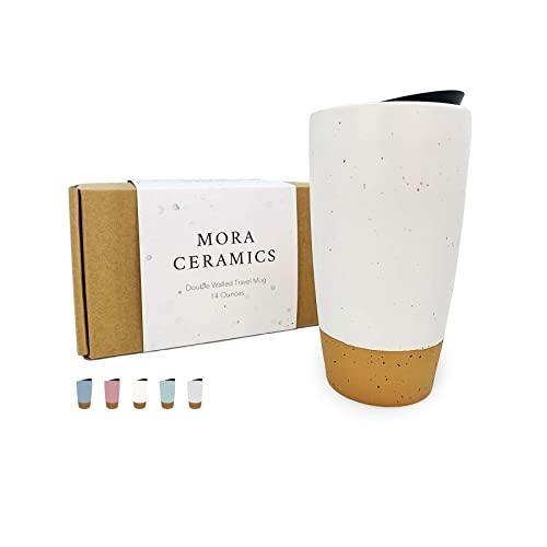 Mora Double Wall Ceramic Coffee Travel Mug with Lid, 14 oz, Portable, Microwave, Dishwasher Safe, Insulated Reusable Tall Cup, Splash Resistant Lid - To Go Tumbler for Car Cup Holder, Cotton White