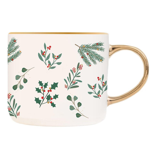 Sweet Water Decor Holiday Greenery Christmas Coffee Mugs - 17 Oz Christmas Mugs with Gold Handle The Perfect Christmas Gifts - Christmas Stocking Stuffers Festive Fine Bone Holiday Mugs